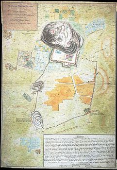 Gantz: Kart over Dindigul. (Kat.nr. 4537-29) Mål bilde: 64,3 x 44,7. Ytre mål: 65,2 x 46. Påskrift: Plan of the Fort and Pettah of Dindigul Surrendered to the British Detachment Commanded by Lieut. Col. James Stuart on 22 August 1790.