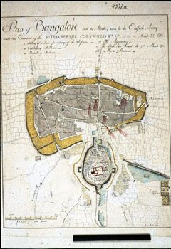 James Smith: Kart over Bangalore. (Kat.nr. 4537-32) Mål bilde: 38 x 30,5. Ytre mål: 43,9 x 34,9. Påskrift: Plan of Bangalore with Attacks taken by the English Army under the command of the RtHon ble Earl Cornwallis Kt Gr March 22 1791 Jas Smith