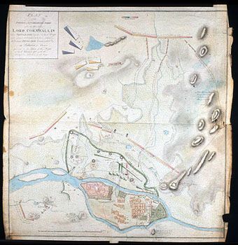 Gantz: Kart over Seringapatam. (Kat.nr. 4537-33) Mål bilde: 70,4 x 66,7. Ytre mål: 73 x 70. Påskrift: Plan of the position of the Confederate Armies under the Direction of Lord Cornwallis before Seringapatam from the 5th to the 25th Feb. 1792 when cessati