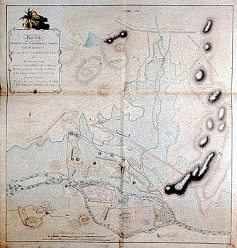 Gantz: Kart over troppenes plassering før angrepet på Seringapatam. (Kat.nr. 4537-36) Mål bilde: 72 x 67. Ytre mål: 80,9 x 71,5. Påskrift: Plan of the position of the confederate Armie under the Direction of Lord Cornwallis before Seringapatam from the 5t