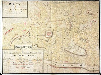 &amp;#160;Gantz?: Kart over Polygautgheri. (Kat.nr. 4537-38) Mål bilde: 40,1 x 53,3. Ytre mål: 42,1 x 55,4. Påskrift: Plan of Polygautgheri, Order of Battle of the English Army in the South 1783 Commander in Chief Colonel Fullarton 1 Line Colonel Stuart
