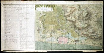 Ukjent: Kart over Pondicherry. (Kat.nr. 4537-39) Mål bilde: 57,5 x 124. Ytre mål: 59 x 126,5. Påskrift: Plan de Pondicherry et de ses Environs avec la position de l’armée Anglais sur coteau et les differentes Attaques jusqu’a la reddiction de la place le