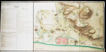 Ukjent: Kart over Pondicherry. (Kat.nr. 4537-40) Mål bilde: 57,5 x 124. Ytre mål: 57,5 x 124. Påskrift: {Kopi av foregående nummer. Annen fargeholdning, mer rosa og turkis. Påskrift på baksiden:} Original Den Franske Ingenieurs Kort 1792.