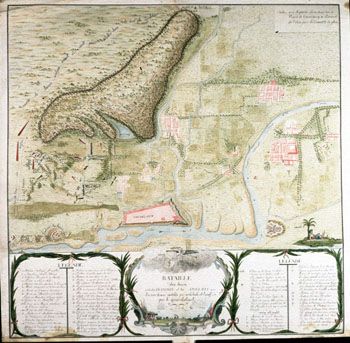 Fransk: Stillingen ved slaget 15. juni 1783. (Kat.nr. 4537-41) Mål bilde: 60 x 60. Ytre mål: 62,5 x 63,6. Påskrift: Bataille de 15 juin 1783 entre les François et les Anglois l’Armée franc, comdée par m de Bulli et L’angl par le general Stuart