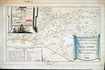 Fransk: Kart over franske krigshandlinger i India. (Kat.nr. 4537-42) Mål bilde: 26,5 x 45. Ytre mål: 35,5 x 51. Påskrift: Exposition Militaire des Operations des françois dans l’Inde sure la cote de Coromandel Pendant les Campagnes de 1782 et 1783