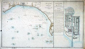 Gantz: Kart fra Java. (Kat.nr. 4537-50) Mål bilde: 28 x 48,2. Ytre mål: 32 x 52,7. Påskrift: Plan of the Road of Batavia on the Northe Coast of Java Plan of the City of Batavia From Vies des Gouverneurs 1763