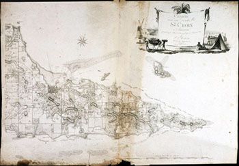 Kart over St. Croix. (Kat.nr. 4537-55) Mål bilde: 60 x 87,5. Ytre mål: 60 x 87,5. Påskrift: Charte over den Danske Øe St. Croix i America forfærdiget i Aaret 1794, og udgivet i Aaret 1799 af P. L. Oxholm Oberst af Infanteriet. Stukket af G. N. Angele i Kø