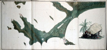 Fransk: Kart over Trinkomale på Ceylon. (Kat.nr. 4537-16) Mål bilde: 57,7 x 123. Ytre mål: 60 x 132. Påskrift: Baye Interieure Plan des forts de Trinquemal´et s’Ostinbourg. Legende ... {uleselig signatur A. Corotz?}