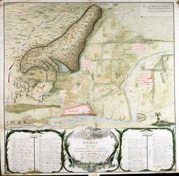 Fransk: Stillingen ved slaget 15. juni 1783. (Kat.nr. 4537-41) Mål bilde: 60 x 60. Ytre mål: 62,5 x 63,6. Påskrift: Bataille de 15 juin 1783 entre les François et les Anglois l’Armée franc, comdée par m de Bulli et L’angl par le general Stuart