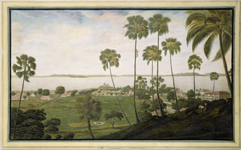 James Wales: Egnen i nærheten av Bombay fra Mazagon Hill. (Kat.nr. 4438) Etsning, kolorert. Indremål: 35,5 x 60. Ytremål: 40 x 64,5.