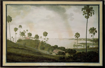 James Wales: Bombay. (Kat.nr. 4439) Etsning, kolorert. Indremål: 37,5 x 59,5. Ytremål: 44,5 x 68,5.