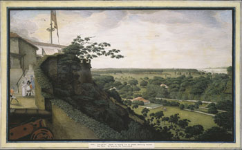 James Wales: Egnen i nærheten av Bombay. (Kat.nr. 4441) Etsning, kolorert. Indremål: 34,5 x 58,5. Ytremål: 43,5 x 68,3.