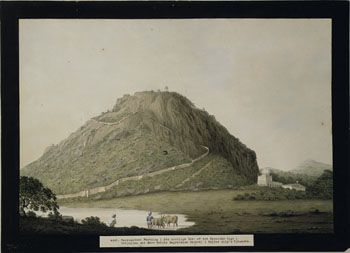 Gantz, 1800: Gurrumconda-festningen. (Kat.nr. 4449) Akvarell og gouache på papir. Indremål: 29,5 x 43. Ytremål: 34,4 x 48.
