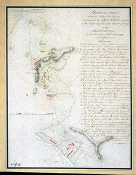 Gantz: Skisse over Tippoo Sultans operasjoner. (Kat.nr. 4537-46) Mål bilde: 31 x 23,5. Ytre mål: 37,2 x 29,4. Påskrift: Sketch of the Action made by Troops of the Enemy commanded by Tippoo Sultaun in person on the Right Brigade of the Bombay Army under Li