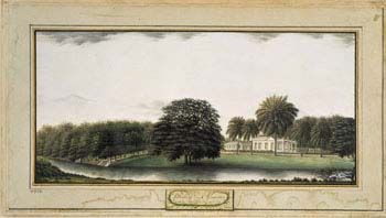 Anker, 1789: Tillally, guvernørens landsted. (Kat.nr. 4416) Akvarell og gouache på papir. Indremål: 17,2 x 36,4. Ytremål: 24,7 x 44,2.
