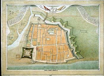 Anker: Plan over festningen Trankebar. (Kat.nr. 4537-22) Mål bilde: 35,7 x 51. Ytre mål: 43,4 x 58,5. Påskrift: Plan af Fæstningen Tranquebar med Castellet
