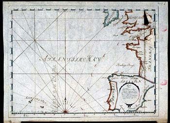 Anker: Kart over Atlantiske hav. (Kat.nr. 4537-02) Mål bilde: 33 x 44,5. Ytre mål: 36,7 x 48. Påskrift: Kort over Skibet Johanna &amp;#38; Maria Passage fra Høyden av Dover til Høyden af Cap Vincent paa Rejsen til Ostjndien. I samme finnes afmærket hvor skibet be