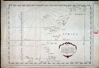 Anker: Kart over Afrika. (Kat.nr. 4537-03) Mål bilde: 32,8 x 45. Ytre mål: 36 x 51,3. Påskrift: No 2 Kort over Skibet Johanna &amp;#38; Maria Passage fra Høyden av Cap Vincent til Øen St. Jago paa Høyden af Cap Verd paa Rejsen til Ostjndien. Distancerne afmærkede