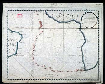 Anker: Kart over Afrika Guinea. (Kat.nr. 4537-06) Mål bilde: 32,5 x 41,5. Ytre mål: 35,5 x 43,5. Påskrift: No 3 Kort over Skibet Johanna &amp;#38; Maria Passage fra Øen St. Jago til Cape de bonnea Esperance paa Rejsen til Ostjndien. Distancerne sees afmærkede som