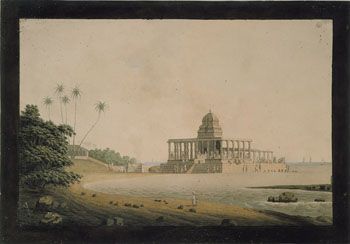 Daniell: Pagoden Rameseram. (Kat.nr. 4425) Akvarell og gouache på papir. Indremål: 27,7 x 42. Ytremål: 32,7 x 47.