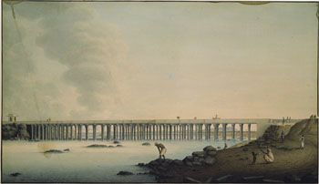 Daniell: Den store bro ved Seringapatam i Mysore. (Kat.nr. 4443) Akvarell og gouache på papir. Indremål: 30,6 x 53,6.