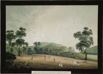 Daniell: En vei fra Karnatik til Mysore. (Kat.nr. 4450) Akvarell, blyant og tusj på papir. Indremål: 30,3 x 44,1. Ytremål: 35 x 49.