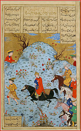 Maleri av tre menn ridende på hest.
