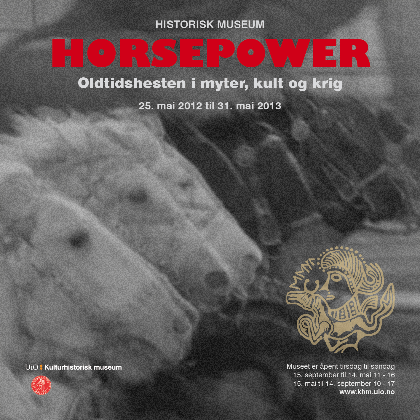 Plakat med nærbilde av hestehoder. Øverst står teksten "Horsepower" i rødt.