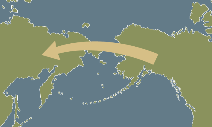 Kart som viser hestens rute fra Nord-Amerika til Asia