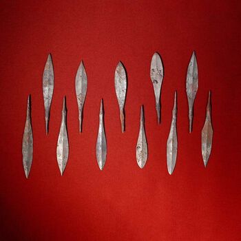 Gravfunn fra vikingtiden: For 1100 år siden ble to mennesker lagt på likbål og kremert i Grimsdalen, en vakker seterdal mellom Dovrefjell og Rondane. Den ene var en voksen mann, den andre et barn eller en ungdom. Kanskje bodde de her inne? I graven lå en øks, et sverd, en ringnål, en beltespenne, et ildstål, en kniv, et beslag, et bryne og små dekorerte fragmenter av bein/gevir, i tillegg til disse elleve&amp;#160;11 pilspissene.&amp;#160;En hund var også lagt på likbålet. Utstyret tilhørte nok den voksne. Dette var særdeles godt jaktterreng for rein i vikingtiden, og mannen var utrustet som jeger. Trolig har han også hatt en bue av tre med seg, og i tillegg hadde han utrustning som kriger. C59044, C59045.
