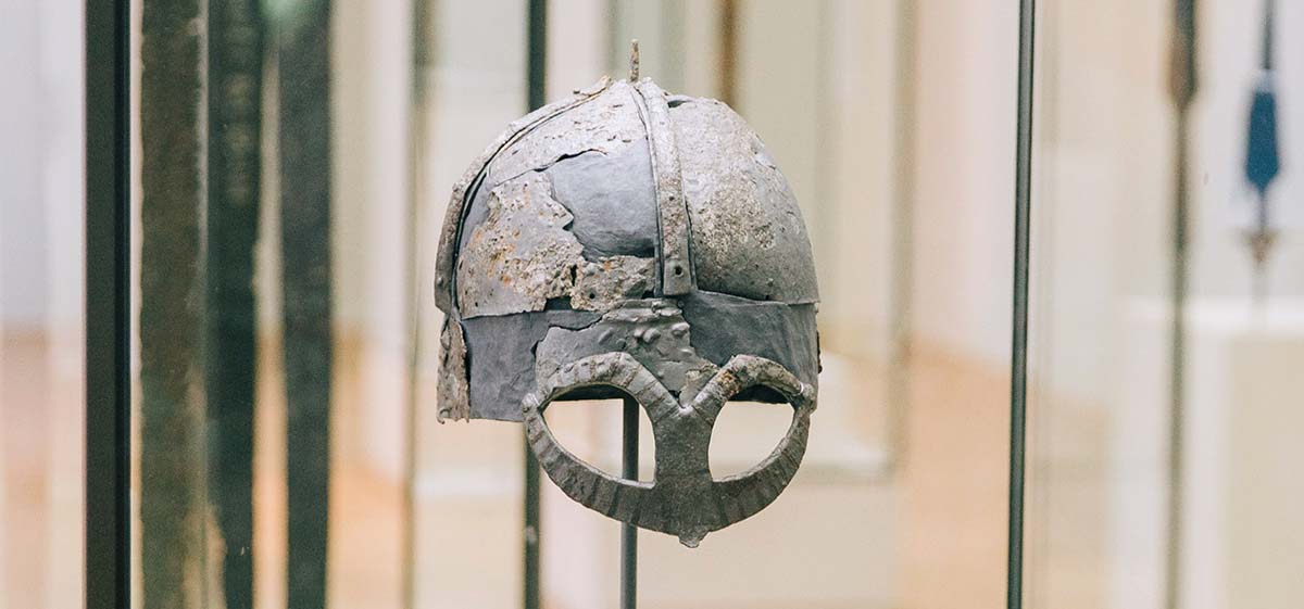 Close up of a helmet from the Viking Age, from the "VIKINGR" exhibition.