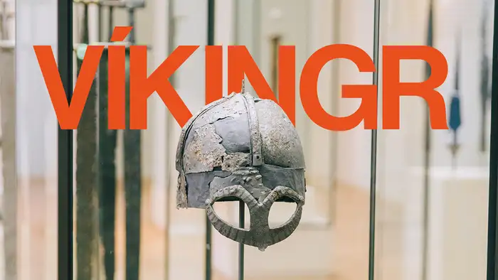 Close up of a helmet from the Viking Age, from the exhibition VIKINGR.